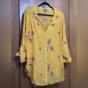 Plus size Lightweight Yellow Embroidered Button-Front Women's Top